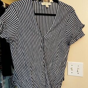 Michael Kors Blue and White Flutter Sleeve Wrap Blouse